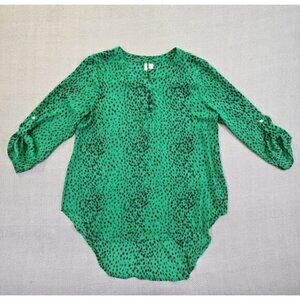 Cato Leopard Print Tunic Blouse Women's Size Large Green Long Roll-Tab Sleeve